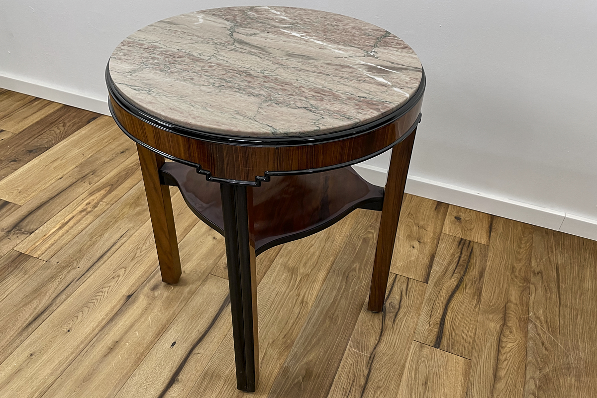 Art Deco side table with walnut veneer stained in rosewood and marble top Germany around 1925
