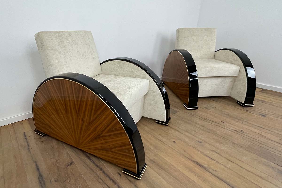 Pair of Art Deco Style Armchairs in Walnut and Piano Black with Brass Details