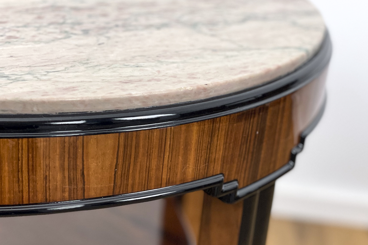 Art Deco side table with walnut veneer stained in rosewood and marble top Germany around 1925