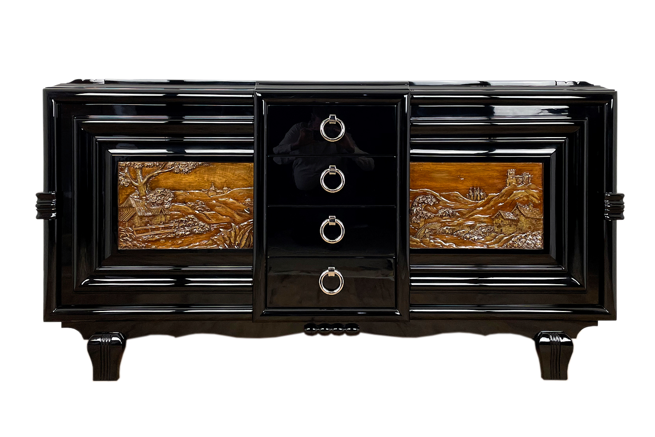 Art Deco sideboard around 1930 with two carved paintings