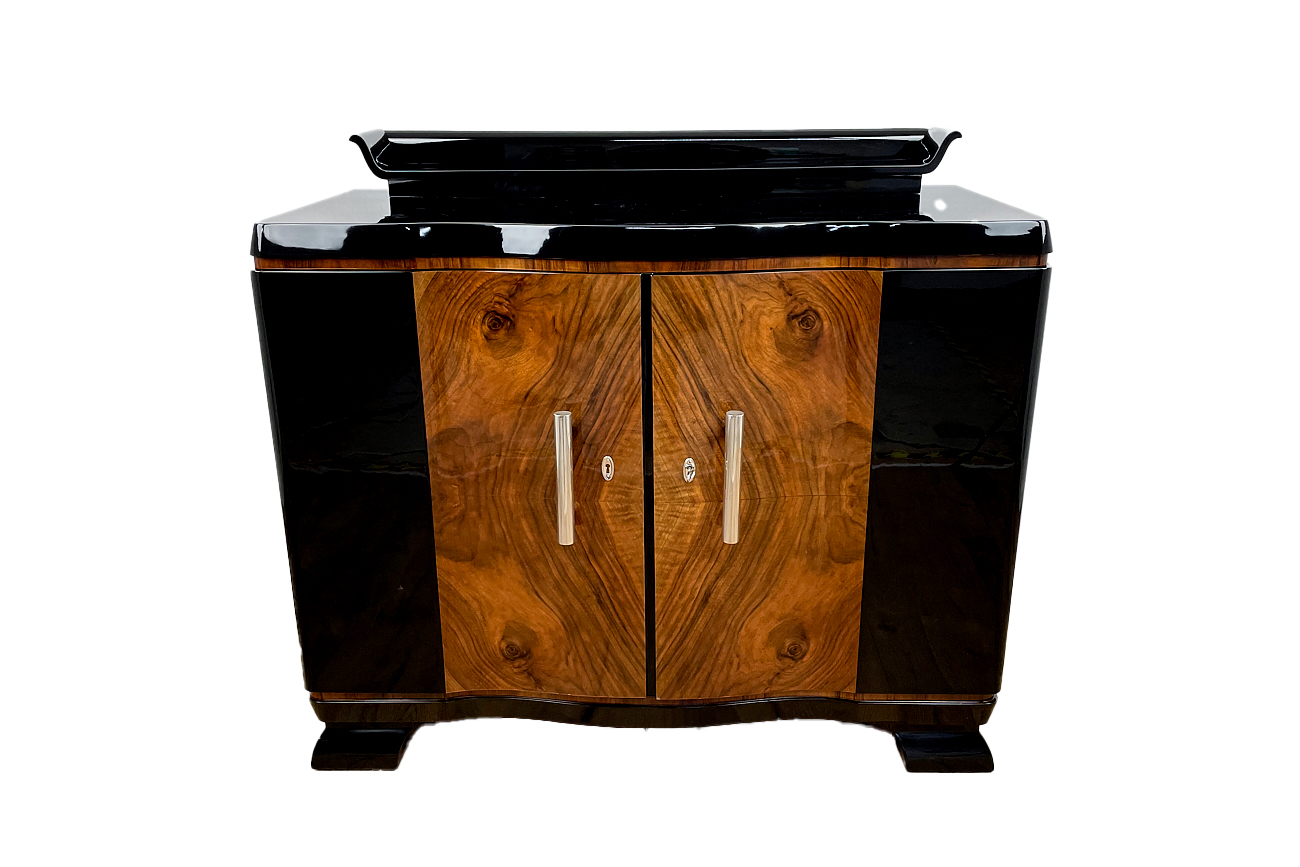 Art Deco chest of drawers from Germany around 1930 in black high gloss and walnut