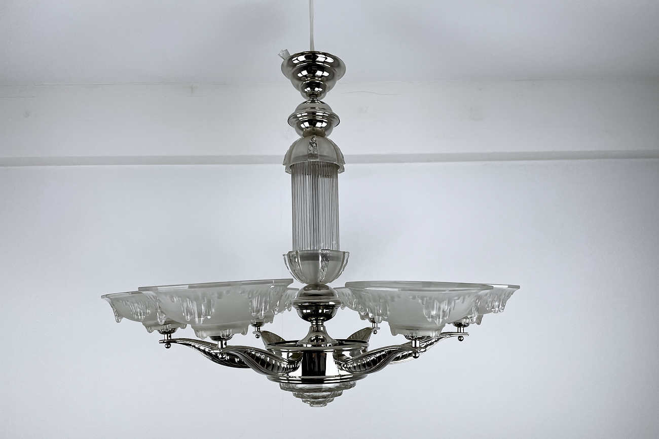 Art Deco ceiling light / chandelier with glass France around 1925, newly chromed