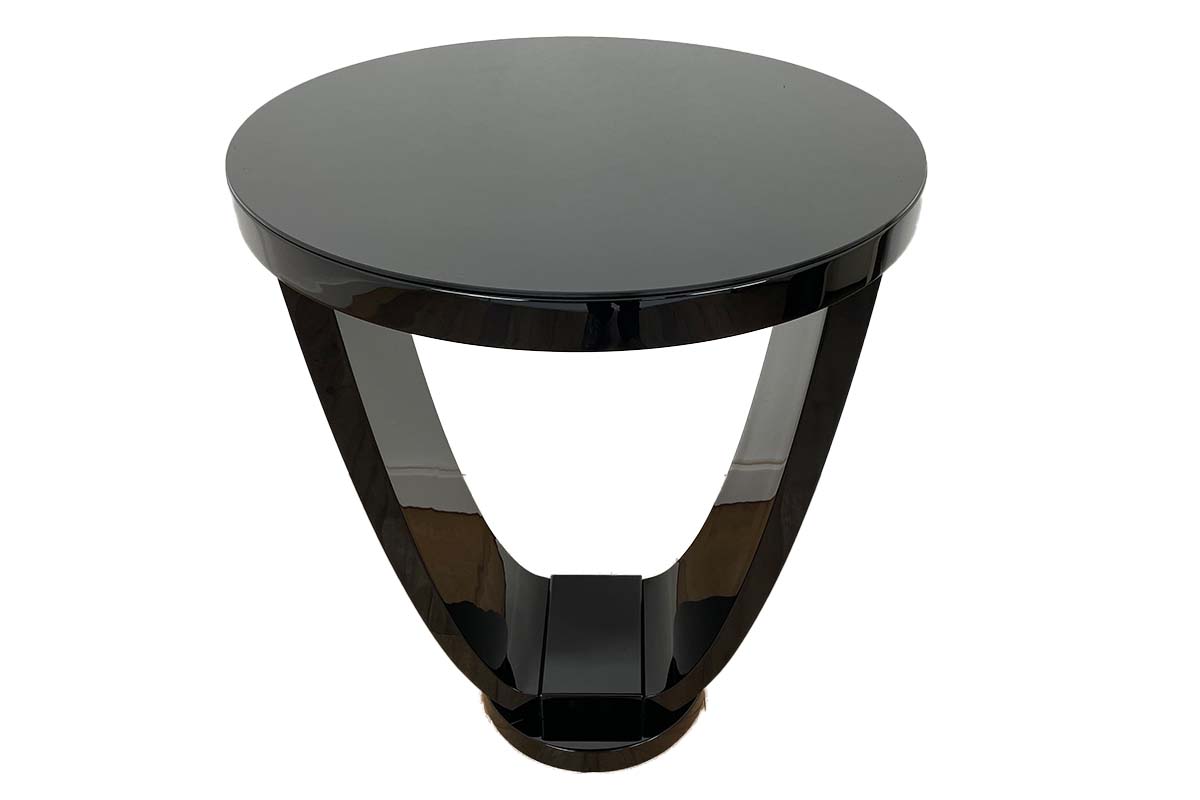 Art Deco style bistro table with black piano lacquer and Lacobel glass top