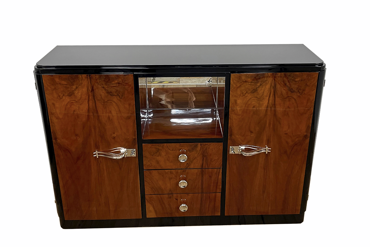 Art Deco highboard with a fantastic veneer and mirrored compartment, the original handles have been newly chrome-plated