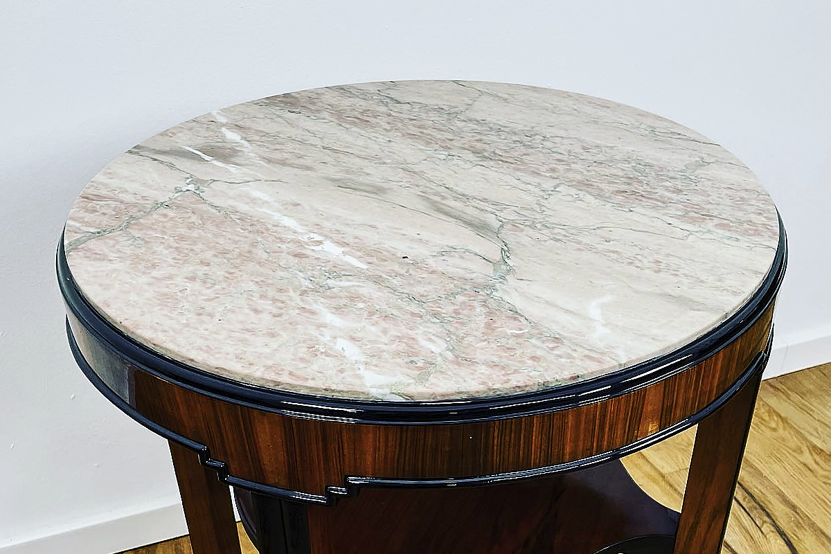 Art Deco side table with walnut veneer stained in rosewood and marble top Germany around 1925