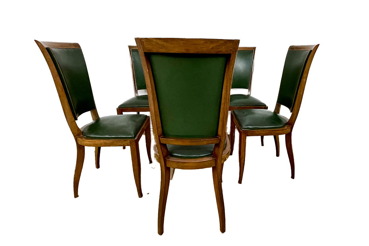 Art Deco chairs with green leather from France around 1930