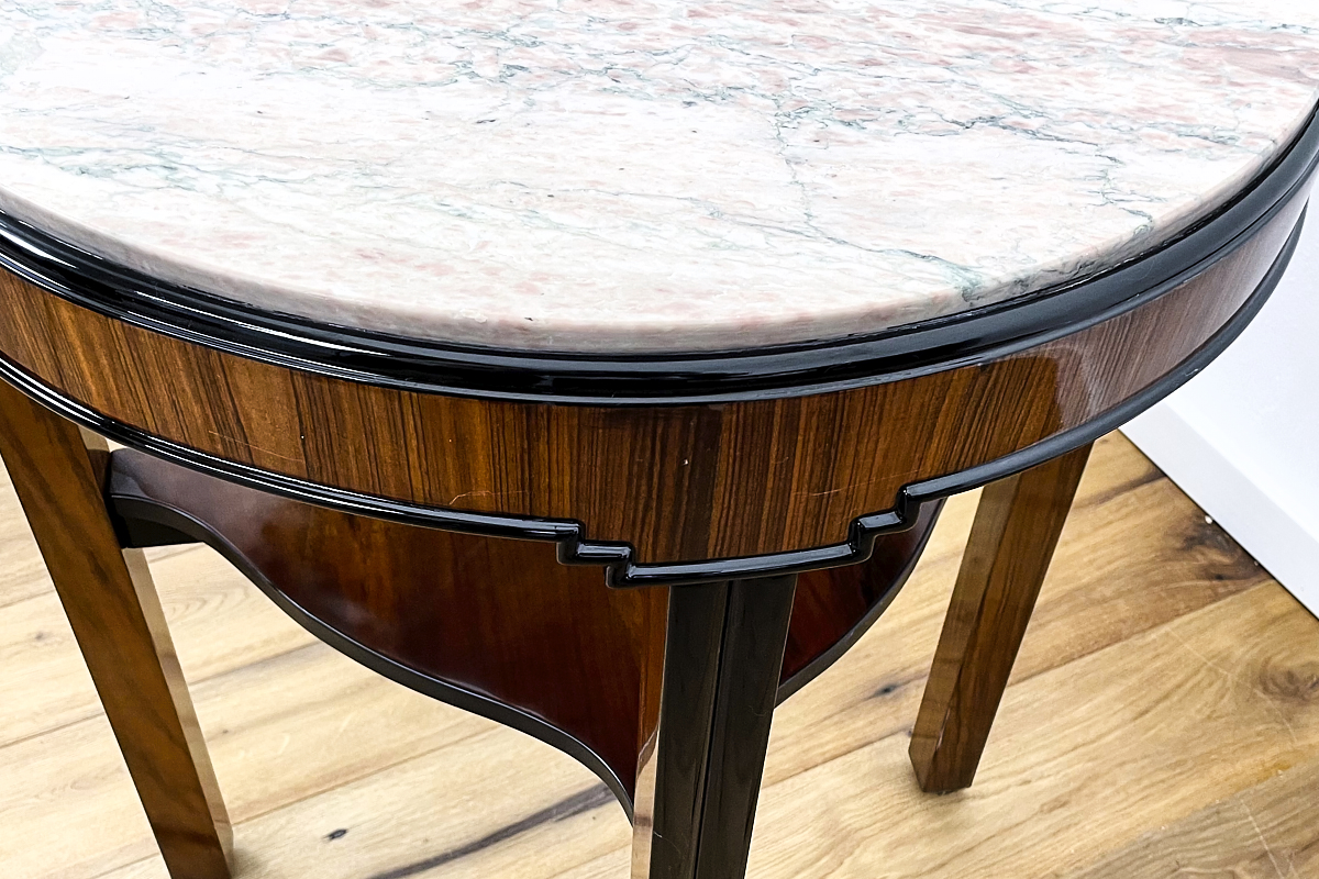 Art Deco side table with walnut veneer stained in rosewood and marble top Germany around 1925