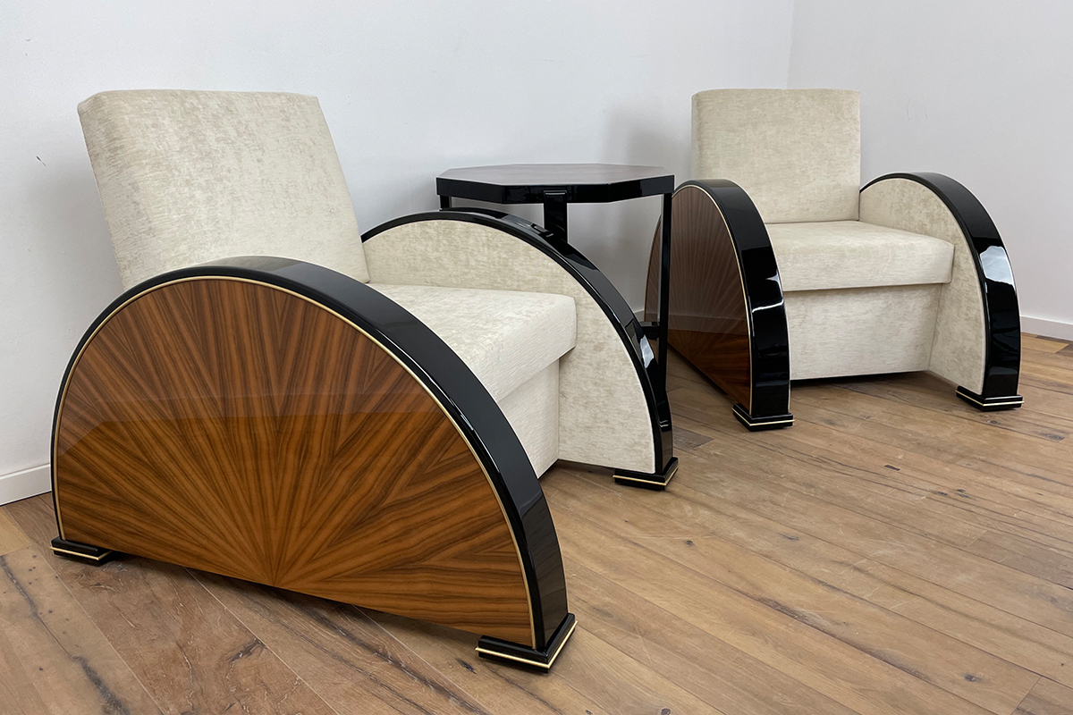 Pair of Art Deco Style Armchairs in Walnut and Piano Black with Brass Details
