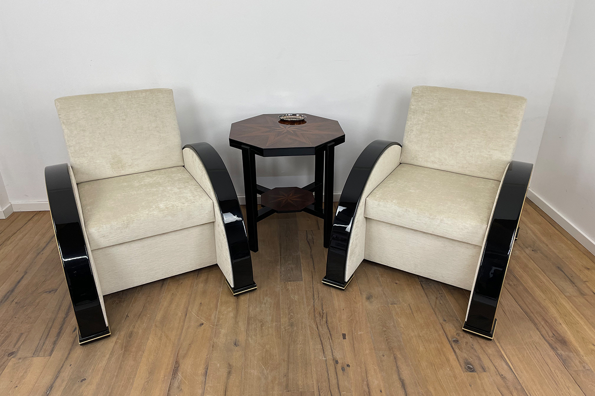 Pair of Art Deco Style Armchairs in Walnut and Piano Black with Brass Details