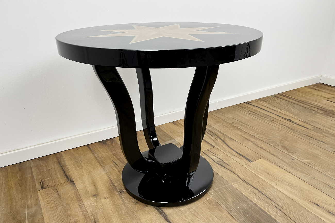 Art Deco side table with curved legs and stunning ash veneer
