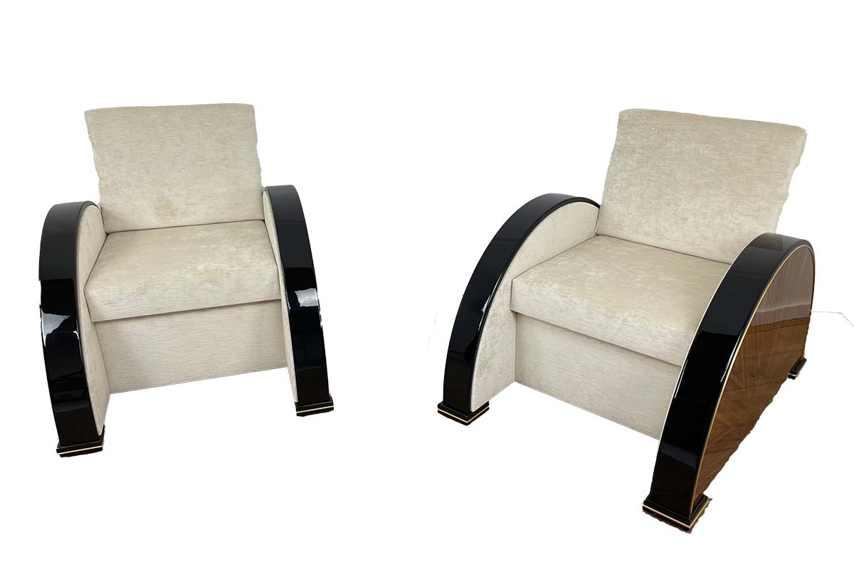 Pair of Art Deco Style Armchairs in Walnut and Piano Black with Brass Details