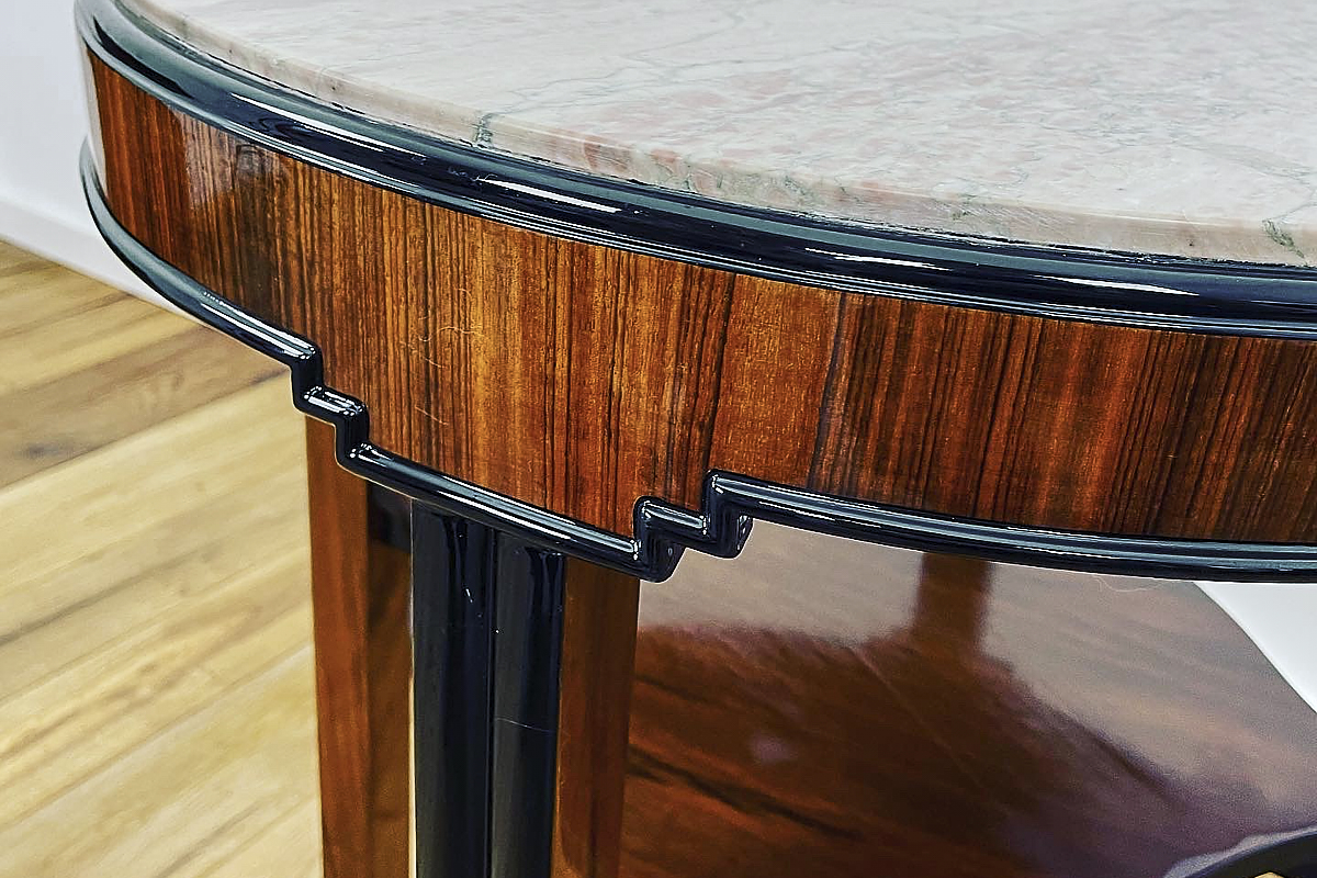 Art Deco side table with walnut veneer stained in rosewood and marble top Germany around 1925