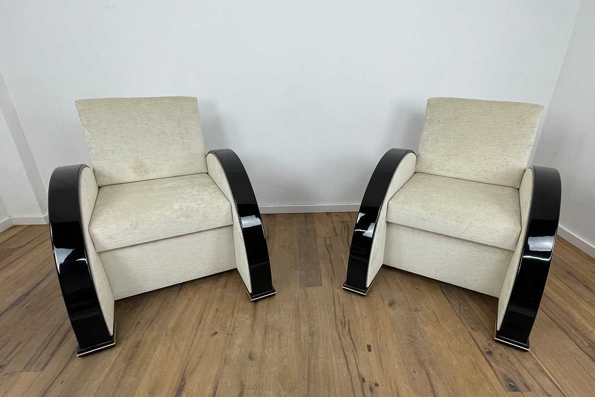 Pair of Art Deco Style Armchairs in Walnut and Piano Black with Brass Details