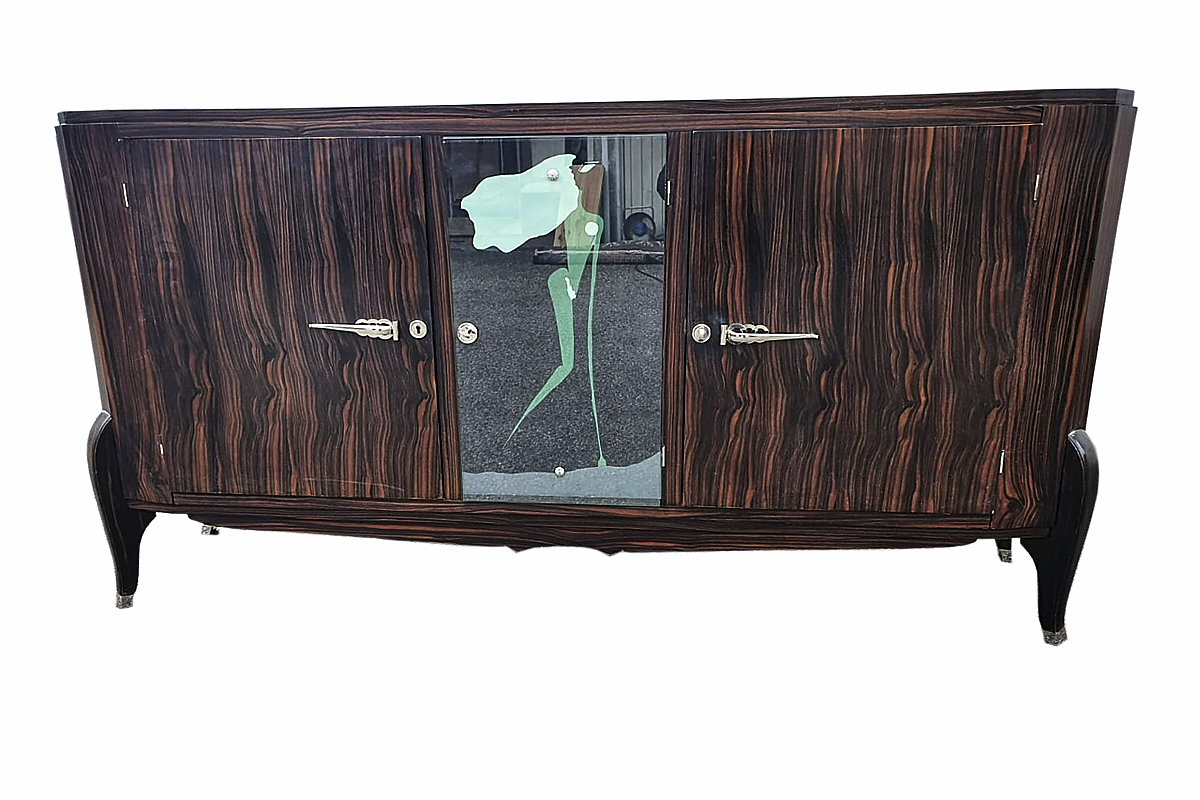  Art Deco Sideboard Makassar from France around 1925 with painted mirror