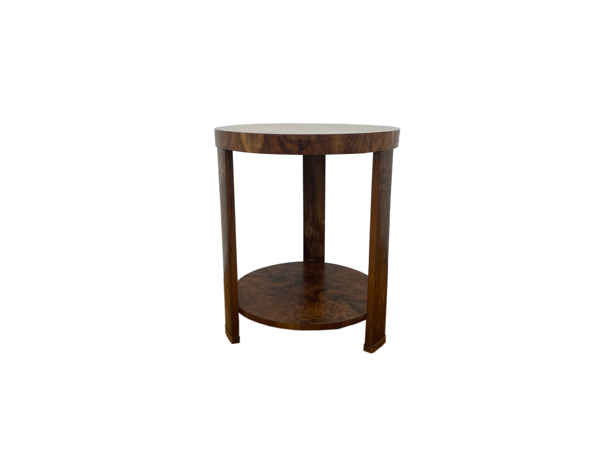 Art Deco side table with fantastic walnut veneer on three legs from near Paris around 1925