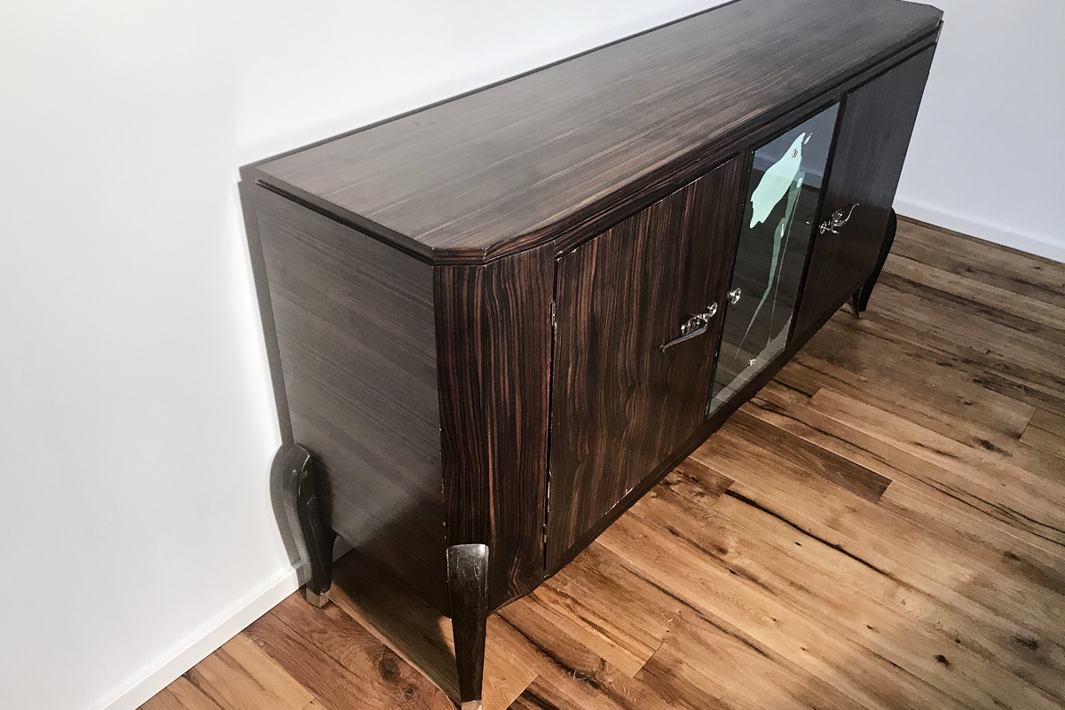   Art Deco Sideboard Makassar from France around 1925 with painted mirror