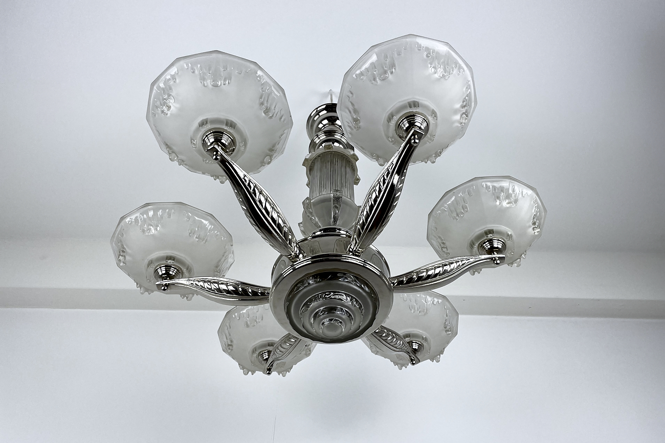Art Deco ceiling light / chandelier with glass France around 1925, newly chromed