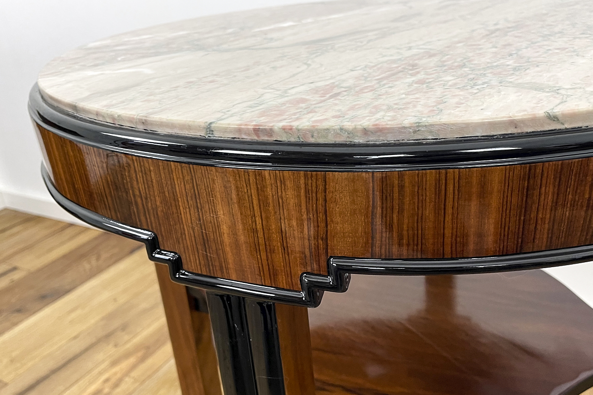 Art Deco side table with walnut veneer stained in rosewood and marble top Germany around 1925