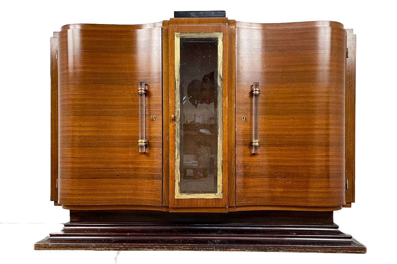 Art Deco chest of drawers in rosewood veneer with glass handles from France around 1925 with a display case