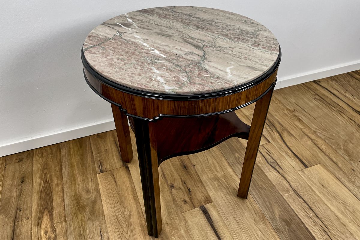 Art Deco side table with walnut veneer stained in rosewood and marble top Germany around 1925