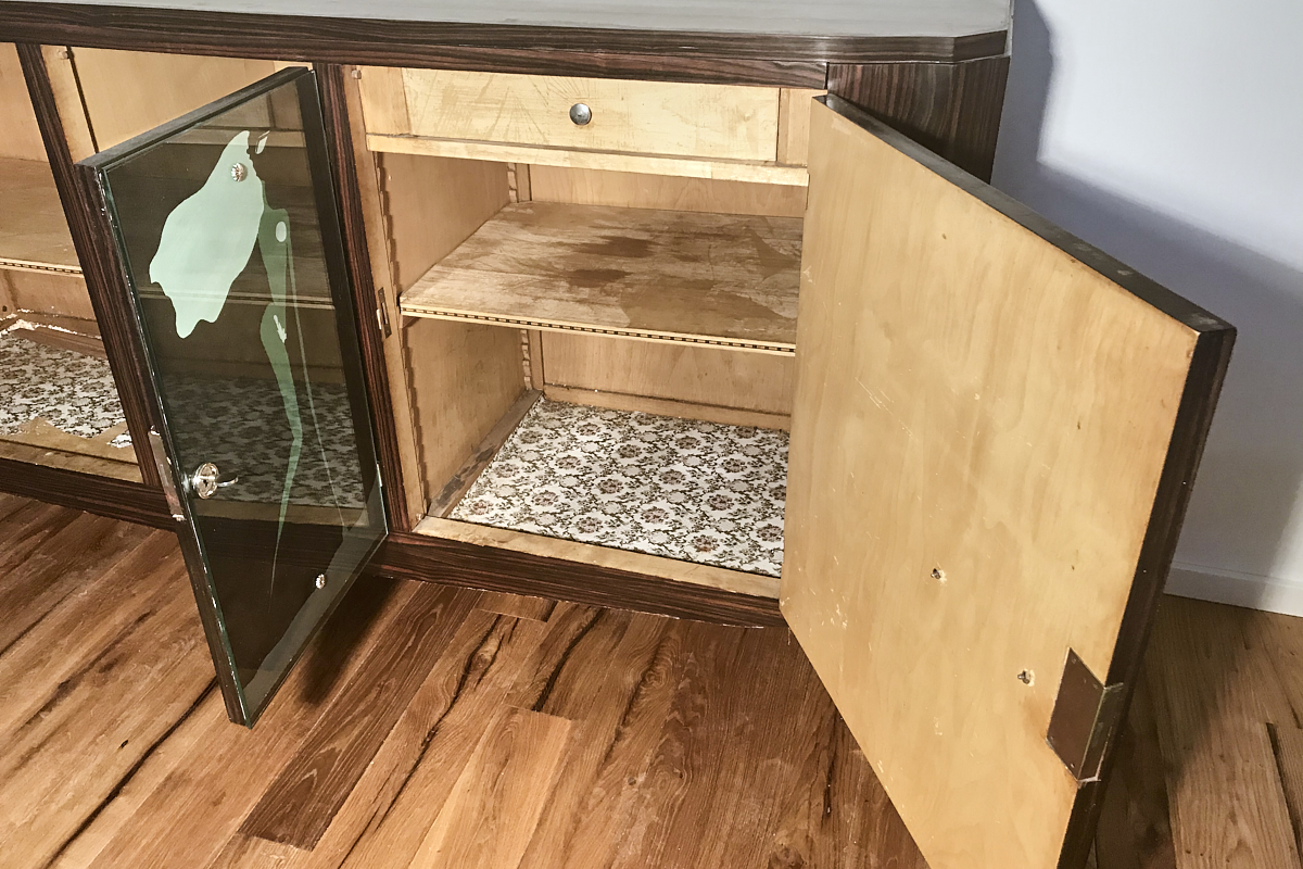   Art Deco Sideboard Makassar from France around 1925 with painted mirror