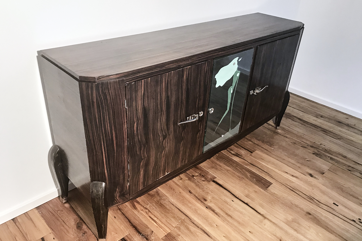   Art Deco Sideboard Makassar from France around 1925 with painted mirror