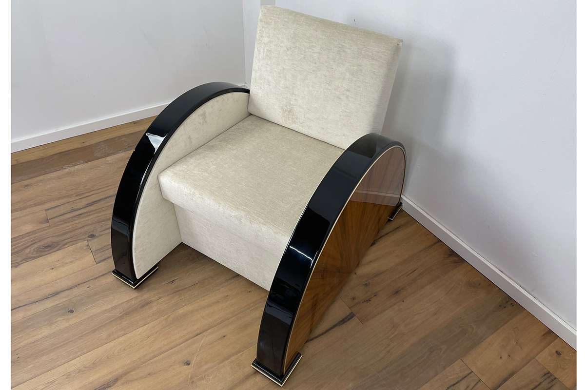 Pair of Art Deco Style Armchairs in Walnut and Piano Black with Brass Details