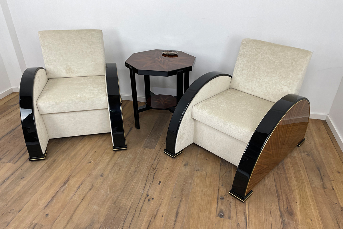 Pair of Art Deco Style Armchairs in Walnut and Piano Black with Brass Details