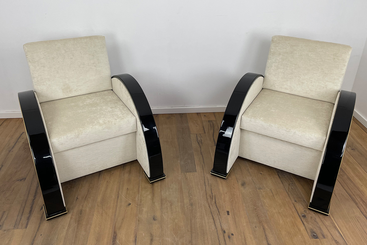 Pair of Art Deco Style Armchairs in Walnut and Piano Black with Brass Details