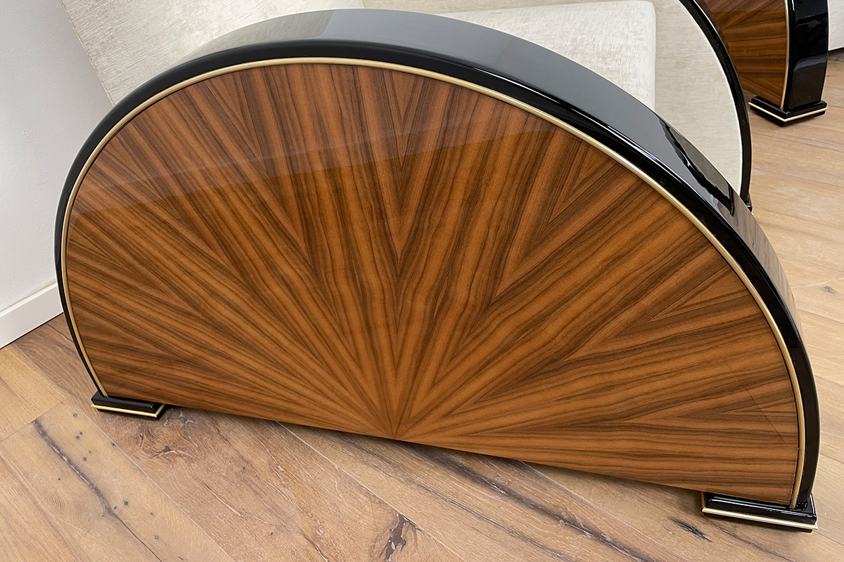 Pair of Art Deco Style Armchairs in Walnut and Piano Black with Brass Details