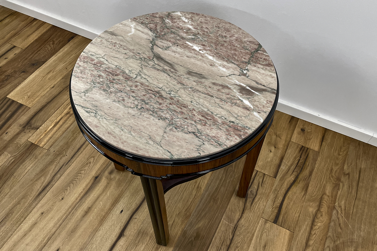 Art Deco side table with walnut veneer stained in rosewood and marble top Germany around 1925