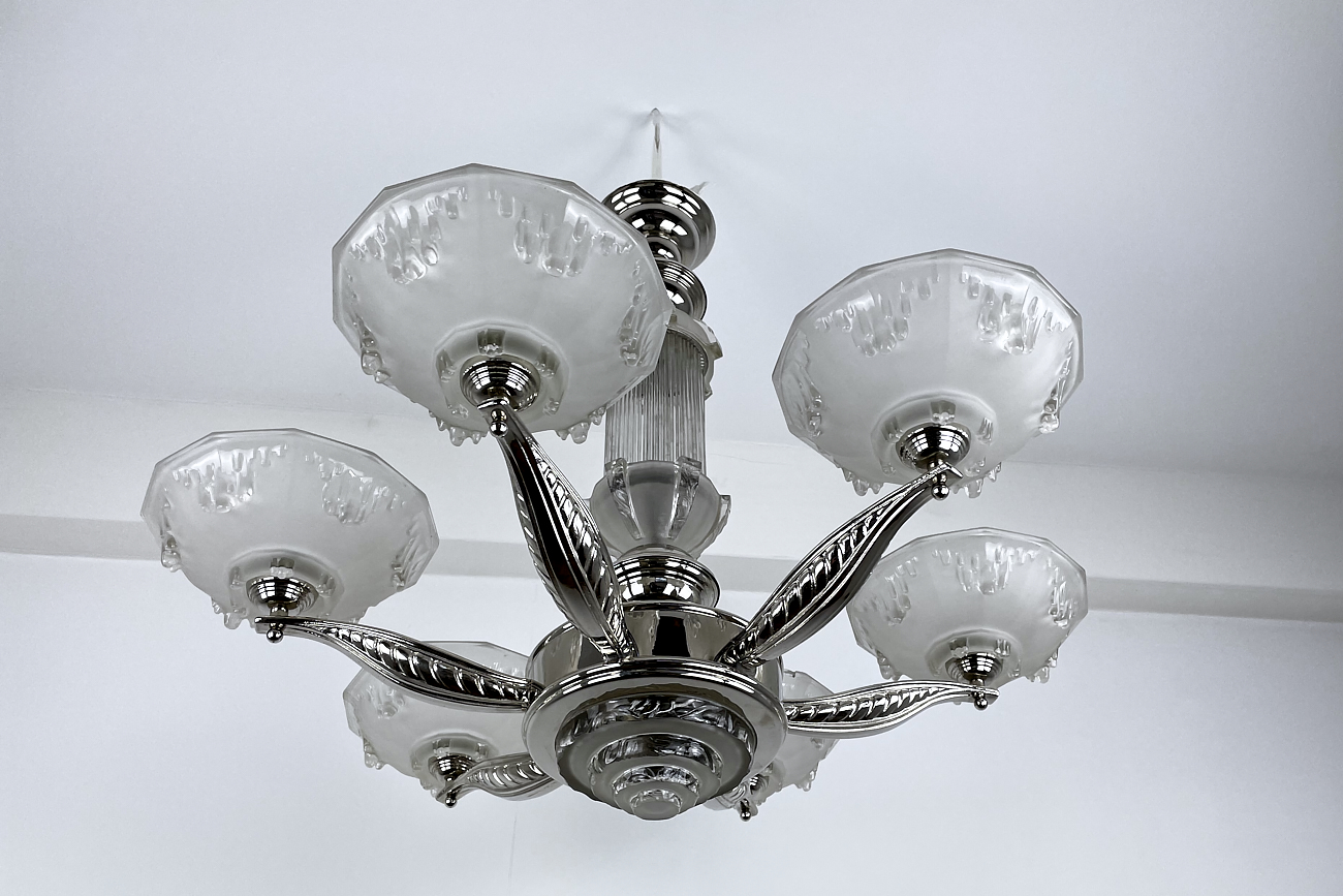 Art Deco ceiling light / chandelier with glass France around 1925, newly chromed
