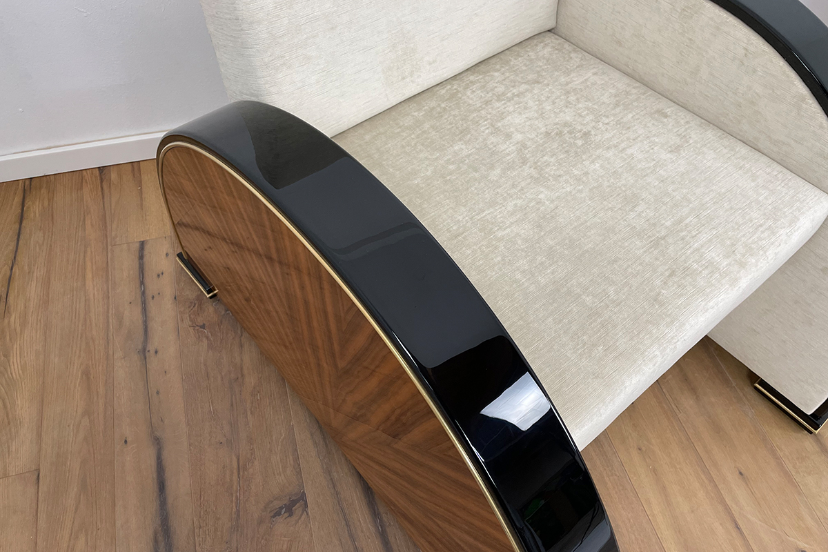 Pair of Art Deco Style Armchairs in Walnut and Piano Black with Brass Details